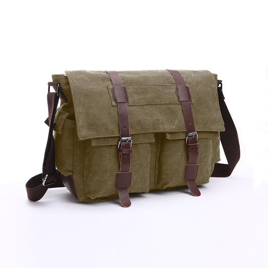 Vintage Canvas Messenger Bag, 15.6 Inch Laptop Crossbody Satchel with Multi-Pocket and Adjustable Shoulder Strap - color: Army Green