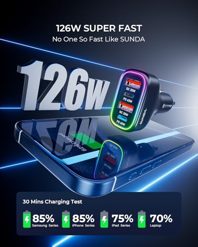 USB C Car Charger, 126W [Dual PD60W&QC30W] Cigarette Lighter USB Car Charger Adapter Fast Charging 4 Ports Car Phone Charger for iPhone 16/15/14/13/12, Samsung Galaxy S24/S23 Google Pixel Laptop