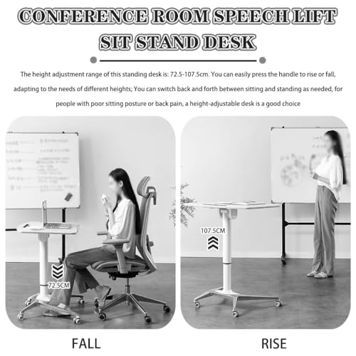 Height Adjustable Desk Conference Room Lift Speech Sit Stand Desk, School Mobile Podium with Rollers, Foldable Tilting Desktop Side Table, Fixed Slot and Fence(White) - color: White