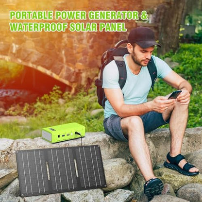 Powkey 24000mAh Portable Power Station with Panels Included 30W | Powkey 86Wh Solar Generator with AC Outlet 120V, Lithium Battery Rechargeable Powered Bank with 65W AC Outlet for Emergency - color: Green+black