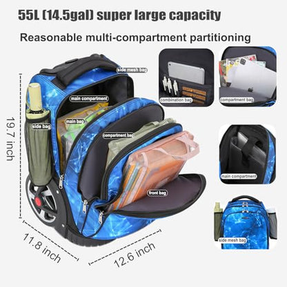 Rolling Backpack, 55L (14.5gal) Backpack with Wheels for Business, Waterproof Backpacks with Dual Handles and Silent Large Wheels, Carry on Backpack with Laptop Compartment (Blue,22 inch) - color: Blue(22 Inch)