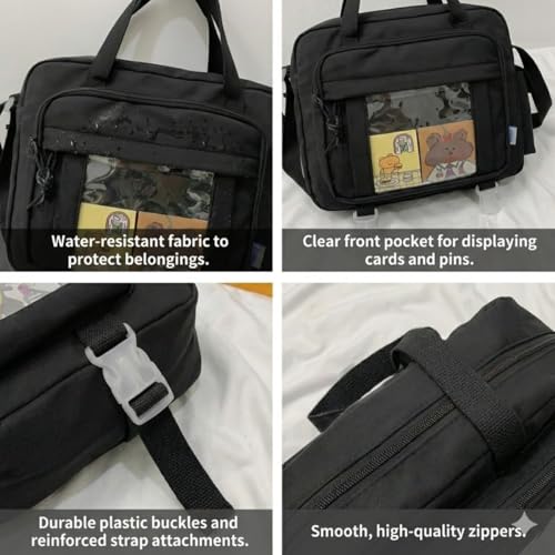 Kawaii Crossbody Ita Bag for Women with Pin & Plush Bear - Japanese Messenger Bags Y2K Shoulder Purse - color: C Max Black (Fits 15.6" Laptop)