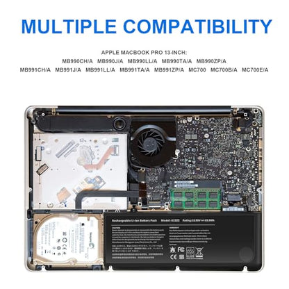 A1278 A1322 Battery Compatible with MacBook Pro 13" Unibody (Mid 2009 to Mid 2012) MacBook Pro 13" A1278 [Mid 2012 2010 2009 Early 2011 Late 2011] 661-5229 661-5557 020-6547-A 020-6765-A 10.95V/63.5WH - size: 8.33*3.42*0.55inch A1322