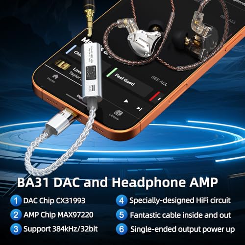 USB C to 3.5mm Audio Adapter Equipped with Dual DAC Chip CX31993&MAX97220, Audio Dongle with HiFi Amplifier, USB C to 3.5mm Headphone Aux Converter & USB A Adapter for Android iPhone iPad PC Mac - color: Silver