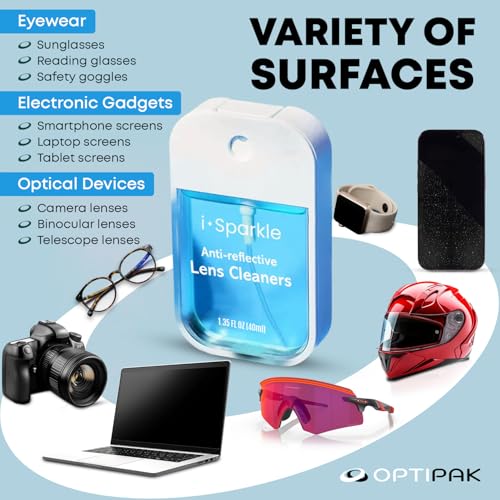 I-Sparkle Anti-Reflective Lens Cleaner Spray kit | (1x) 1.35oz Glasses Cleaner Spray + (1x) Microfiber Cloth for Eyeglasses, Sunglasses, Lenses, Screens and Camera Cleaning Kit (2 Piece Set)