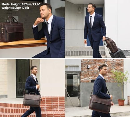 Masa Kawa Leather 15.6" & 17" Laptop Briefcase Men Business Messenger Bag | Full Grain Cowhide Business Travel Office Work Crossbody Shoulder Professional Attache Case for 2 Computers - color: Brown-fits 17" Laptop