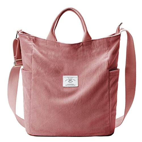KALIDI Corduroy Tote Bag, Large Messenger Bag Shoulder Hobo Anti Splash Crossbody Zipper Bag Casual Work Shopping Women - color: Pink