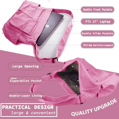 Canvas Messenger Bag Large Hobo Crossbody Bag with Multiple Pockets Casual Shoulder Tote Bag for Women and Men - color: Pink