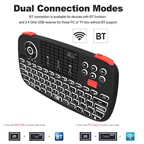(Upgrade) Rii i4 Mini Bluetooth Keyboard with Touchpad, Blacklit Portable Wireless Keyboard with 2.4G USB Dongle for Smartphones, PC, Tablet, Laptop TV Box iOS Android Windows Mac.Black