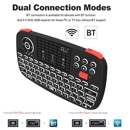 (Upgrade) Rii i4 Mini Bluetooth Keyboard with Touchpad, Blacklit Portable Wireless Keyboard with 2.4G USB Dongle for Smartphones, PC, Tablet, Laptop TV Box iOS Android Windows Mac.Black