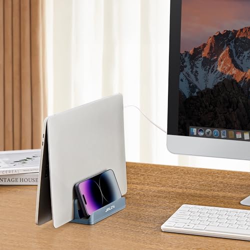 JARLINK 4-in-1 Adjustable Vertical Laptop Stand Holder, Aluminum Dual Slots Laptop Rack for Desk, Space-Saving Organizer Compatible with All MacBook, Surface, Chromebook, and Gaming Laptops (Grey) - color: Gray