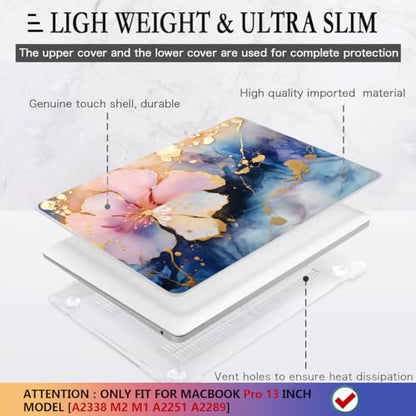 CISSOOK Compatible with MacBook Pro 13 inch Case M2 M1 A2338 A2251 A2289 | 4in1 Set Plastic Hard Shell Case & Keyboard Cover Screen Film for MacBook Pro 13-inch with Touch Bar 2016-2026, Marble Flower - color: Pro13inch-Marble Flower
