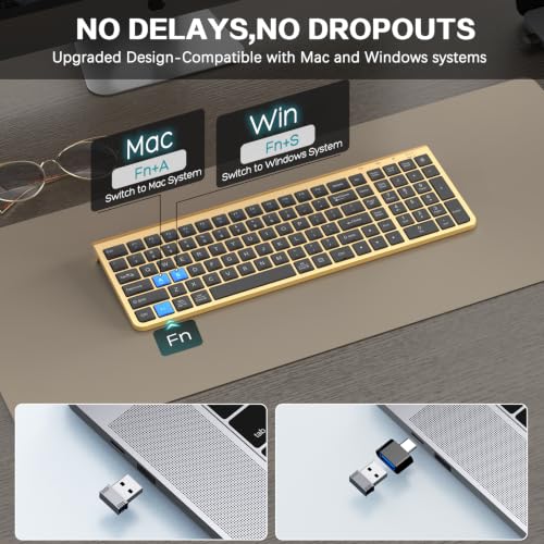 JOYACCESS Black Gold Wireless Keyboard with Low-Profile Keys - 2.4GHz Full-Sized,Windows & Mac OS, Quiet,Ergonomic Keyboard for Computer, Laptop, PC, Mac,Windows- Gold - color: Black Glod