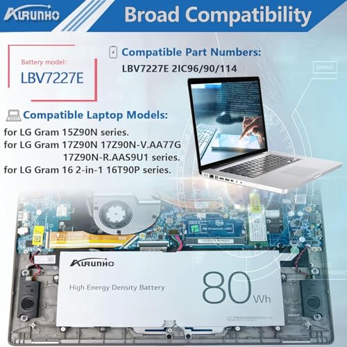 LBV7227E 80Wh Laptop Battery Replacement for LG Gram 14Z90N 15Z90N 17Z90N 17Z90P 17Z95P Gram 16 2-in-1 16T90P 16Z90P 16Z90PC 16Z90PG 16ZD90P Series 7.74V 10336mAh