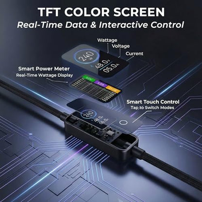 LITO 240W USB C to USB C Cable with TFT Touch Screen，PD 3.1 Fast Charge，4FT | TFT Power Meter, Smart LED Indicator, E-Marker, Premium Braided Nylon, for iPhone 17 16 15, MacBook, Laptop, Tablet
