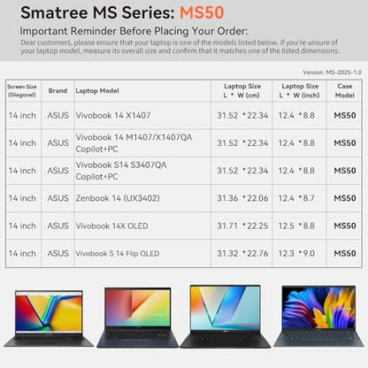 Smatree MS50 Hard EVA Sleeve Case with Stand Compatible for 14 inch ASUS Vivobook 14 X1407/14X OLED/S 14 Flip OLED,for 14 inch Vivobook 14 M1407/14 X1407QA/S14 S3407QA Copilot+PC, Zenbook 14 UX3402 | Compatible for ASUS Vivobook 14X OLED/S 14 Flip OLED, f