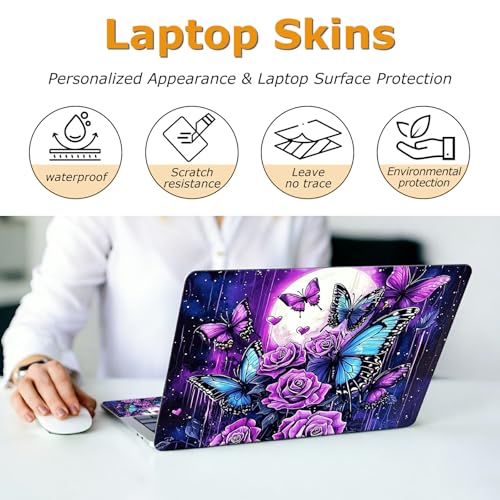 Universal Laptop Skin Sticker with 2 Wrist Pad Decals, 3-Piece Removable Vinyl Laptop Cover, Purple Rose Moon Waterproof Anti-Scratch, Easy-Trim Fit for 13.3" 14" 15.6" Laptops - color: Purple Rose Moon