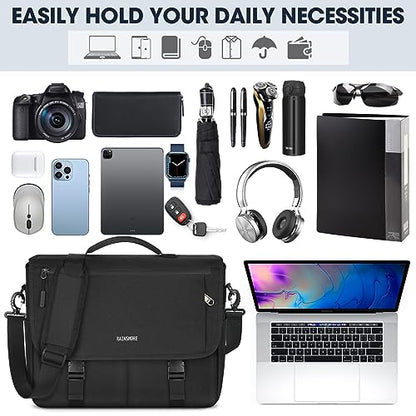 RAINSMORE Messenger Bag for Men Messenger Bag 15.6 Inch Water Resistant Laptop Bag Casual Satchel Bags for Men Large College Computer Bag Office Work Briefcase Fashion Crossbody Shoulder Handbag Black