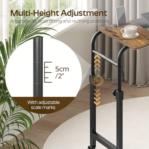 Overbed Table with Wheels and Height Adjustable, Recliner Table with Charging Station, Over the Bed Desk for Bed, Sofa, Office, Rustic Brown and Black SF05UBR