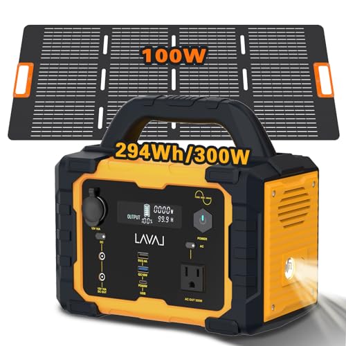 Solar Generator 300W Portable Power Station with 100W Foldable Solar Panel, 294Wh Lithium Battery, 120V/300W AC Outlet, Quiet Generators for Home, RV, Outdoor, Camping and Emergencies Use