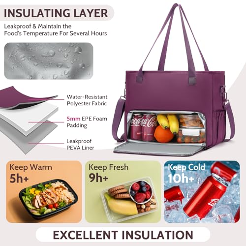 Lunch Tote Bag for Women with 15.6" Laptop Compartment, Work Tote Bag with Insulated Lunch Compartment, Large Casual Canvas Handbag Luncg Bags for Nurse, Teacher, Office, Travel, Beach, Purple - color: Purple