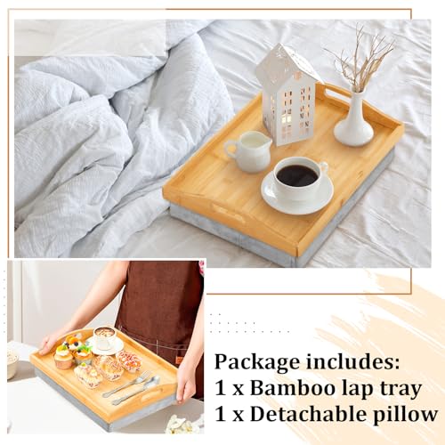 Tioncy 1 Piece Bamboo Lap Tray with Detachable Pillow 16.9'' x 13'' Lap TV Trays Desk with Handles for Adults Eating in Recliner Breakfast Housewarming Gift (Wood) - color: Wood