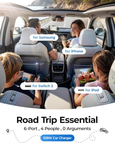 AINOPE PD&QC 108W Multiple Ports Car Charger, Cigarette Lighter USB Charger | Car Charger Adapter Fast Charging for iPhone 17 [+5FT Cable], 12V Road Trip Essentials for Kids, Car Accesories