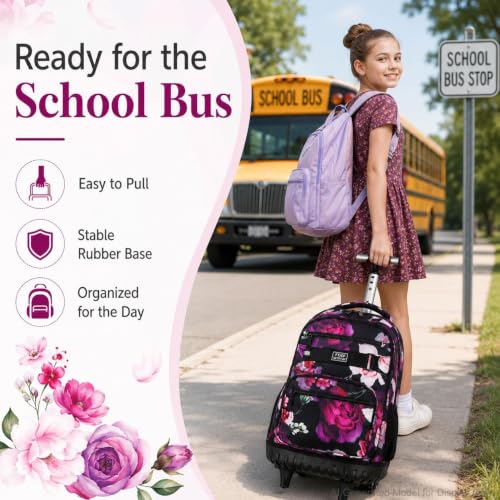 3Pcs Rolling Backpack for Girls Women, Travel Roller Backpacks with Wheels for Adults, Teens College Rose Wheeled Bookbag with Lunch Box(Black) - color: Rose Black