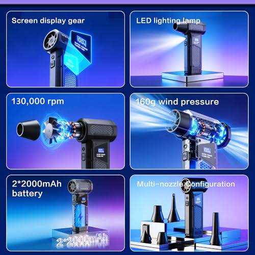 Portable 150W High Speed Turbo Fan air Duster 130,000RPM led Display 4 Levels Wind Speed Brushless Motor, Blowing and Inflating Feature,for Car Cordless Air Duster and Rechargeable.Black