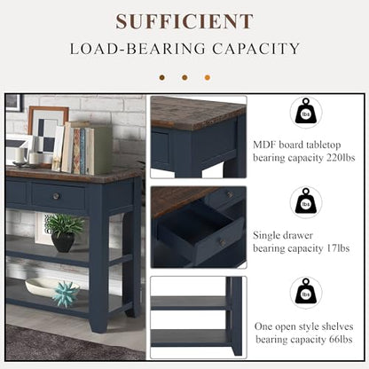 48’’ Modern Farmhouse Wood Entryway Console Table with Storage (Blue) | 3-Tier Sofa Table Behind Couch, 3 Drawers, 2 Open Shelves, Easy Assembly, for Living Room, Foyer, Hallway - color: Blue -1