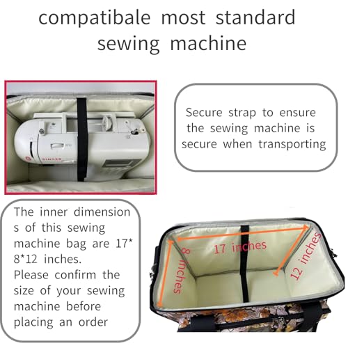 Rolling Sewing Machine Bag with Five 360-Degree Rotating Wheels,Sewing Machine Carrying Case Fits for Most Standard Sewing Machines,YKK zipper,Hard Bottom Pad (Floral) - color: Floral