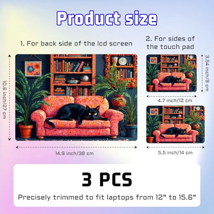 Universal Laptop Skin Sticker Decal, Compatible with MacBook HP Dell Lenovo 12"-15.6", Reusable Vinyl Notebook Cover 3PCS Set, High-Recognition Film-Black Cat on Floral Sofa - color: Black Cat on Floral Sofa