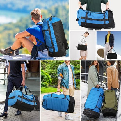 Vomgomfom 86L Collapsible Wheeled Duffle Bag Waterproof, Blue | Detachable Backpack Straps, Padded Laptop Sleeve, Quilted Reinforced Base, U-Shape Mesh Pocket, Shoe Compartment - color: Blue