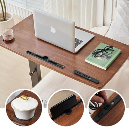 Over Bed Table Pneumatic Adjustable Height Stand Desk with Hidden Casters Foldable Mobile Laptop Computer Standing Desk with USB Ports Pad