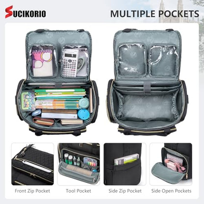 Rolling Laptop Bag 17.3 Inch 3 IN 1 Rolling Briefcase for Women Waterproof Teacher Tote Bag With Wheels - color: Black Set
