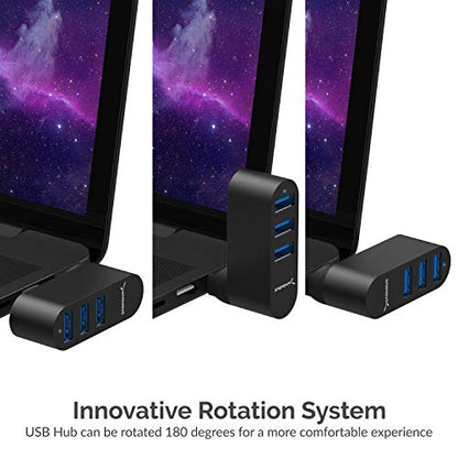 SABRENT Premium 3 Port Aluminum Mini USB 3.0 Hub [90°/180° Degree Rotatable] (HB-R3MB) - color: Black