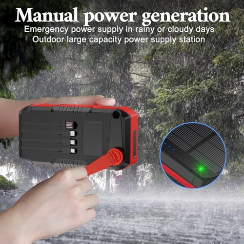 Solar Power Bank 66800mAh Built in Hand Crank and 4 Cables 22.5W Fast Charge,Camping Essentials/SOS/Strobe/Strong Flashlights,Compass Solar Portable Charger Power Bank (Red) - color: red