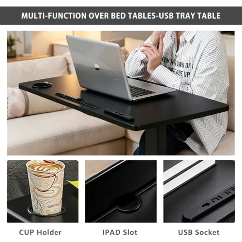 BeGyoku Overbed Table with Hidden Wheels, Pneumatic Height Adjustable Rolling Bedside Table, Hospital Home Use (Black) - color: Black