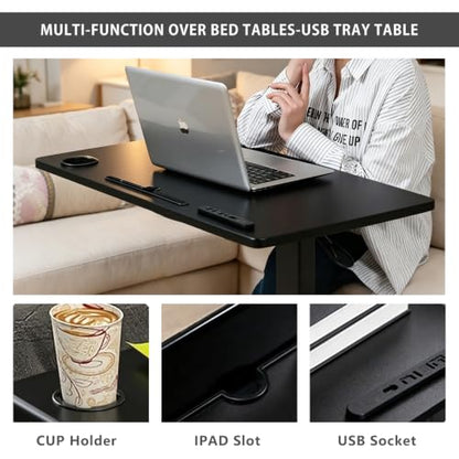 BeGyoku Overbed Table with Hidden Wheels, Pneumatic Height Adjustable Rolling Bedside Table, Hospital Home Use (Black) - color: Black