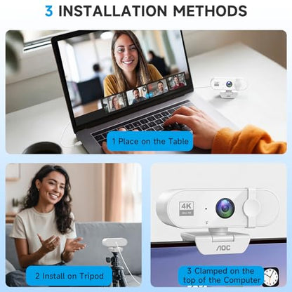 AOC 4K Webcam for PC, Streaming Camera with Noise-Canceling Mic, White | 90° FOV, Privacy Cover, Plug & Play, Zoom/Skype/FaceTime Compatible, Works with Mac/Laptop/Switch 2, USB C-A Adapter Included - color: white