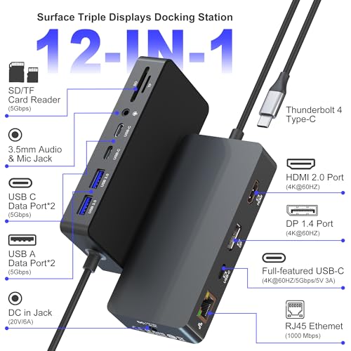 Surface Thunderbolt 4 Docking Station 12-in-1, 120W Fast Charging Surface Pro Dock, Triple Display 4K@60Hz for Surface Pro 12/11/10/9/8/7/7+, Surface Laptop/Go/Book, Gigabit Ethernet SD/TF Card Reader