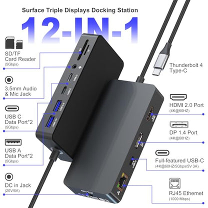 Surface Thunderbolt 4 Docking Station 12-in-1, 120W Fast Charging Surface Pro Dock, Triple Display 4K@60Hz for Surface Pro 12/11/10/9/8/7/7+, Surface Laptop/Go/Book, Gigabit Ethernet SD/TF Card Reader