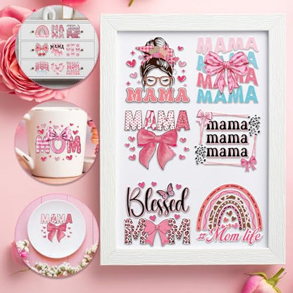 Rngmsi 20 Sheets Mom UV DTF Cup Wrap, Mama Waterproof Cold UV DTF Stickers | Pink Bow Aesthetic Uvdtf Stickers, Rainbow Flower Affirmative Rub on Transfer Decals, DIY Crafts - style: Mama
