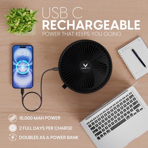 VENTY Portable Fan - Wireless Battery Operated Fan - 4 Speeds - LED Lighting - Carry Case & Remote Control - Cruise Travel - Outdoor Travel RV Power Bank With USB-C Port (Black with Case) - color: Black