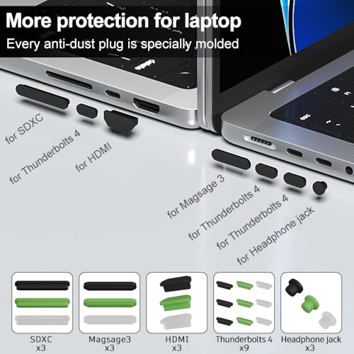 ProElife 21-Pcs Anti Dust Dirt Plug for MacBook Pro 14, Green, Black, Clear | Protective Laptop Silicone Anti Dirt Protective Cover, Durable & Reusable, Custom Fit Design, Easy to Apply and Clean - color: Black/Clear/Green