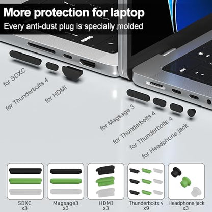 ProElife 21-Pcs Anti Dust Dirt Plug for MacBook Pro 14, Green, Black, Clear | Protective Laptop Silicone Anti Dirt Protective Cover, Durable & Reusable, Custom Fit Design, Easy to Apply and Clean - color: Black/Clear/Green