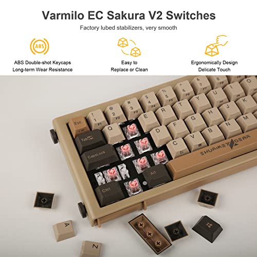 SHURIKEY 65% Mechanical Gaming Keyboard, Varmilo Sakura Switches, BT5.0+USB-C, 4 Devices Connection, LED Backlit 4400mAh Battery, Anti-Ghosting 65 Keys Wireless Keyboard for Windows Mac