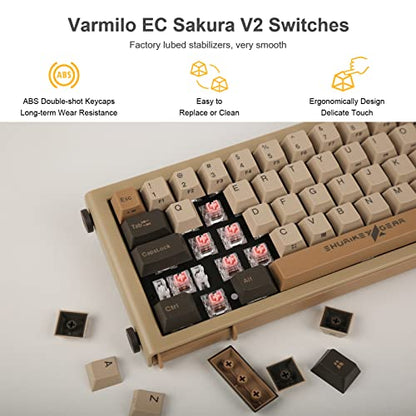 SHURIKEY 65% Mechanical Gaming Keyboard, Varmilo Sakura Switches, BT5.0+USB-C, 4 Devices Connection, LED Backlit 4400mAh Battery, Anti-Ghosting 65 Keys Wireless Keyboard for Windows Mac