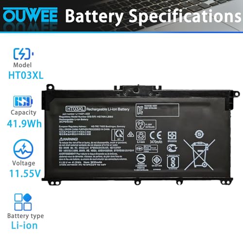 HT03XL Battery for HP L11119-855 Pavilion 15-DA 15-DB 15-DW 15-CS 15-DY 17-by 17-CA 14-CE 14-CF 14-DF 14-DQ 14-DK Series 15-CS0053CL 15-DA0014DX HSTNN-UB7J 11.55V 41.9Wh - size: 7.6*4.0*0.25 inch HT03XL