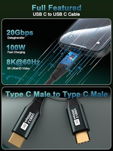 Short USB C 3.2 Gen 2x2 Video Cable for Monitor - 1FT / 0.35M | 8K@60Hz/4K@120Hz, 100W PD Fast Charging, 20Gbps Data Transfer, Compatible with iPhone 17/16/15, MacBooks, iPad, Carplay - size: 1FT